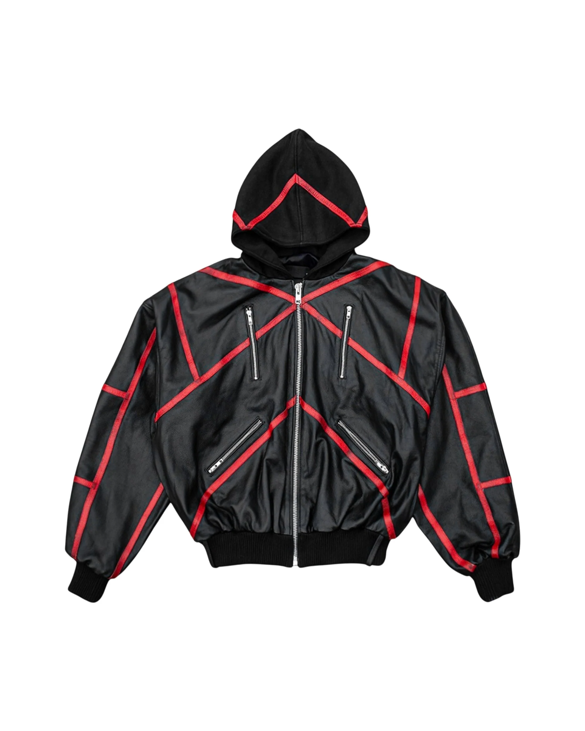"PRYZM" LEATHER BOMBER - BLACK/RED