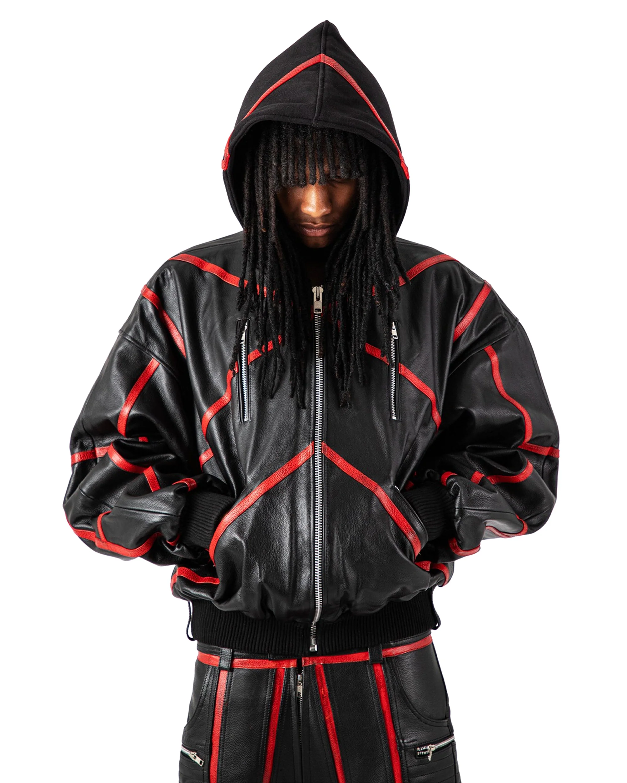 "PRYZM" LEATHER BOMBER - BLACK/RED - Image 3