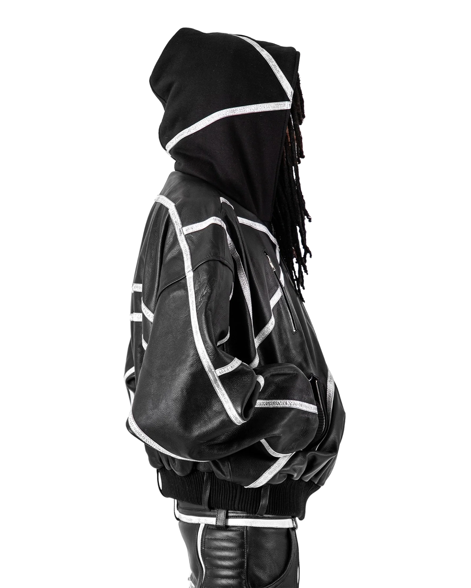 "PRYZM" LEATHER BOMBER - BLACK/WHITE - Image 4
