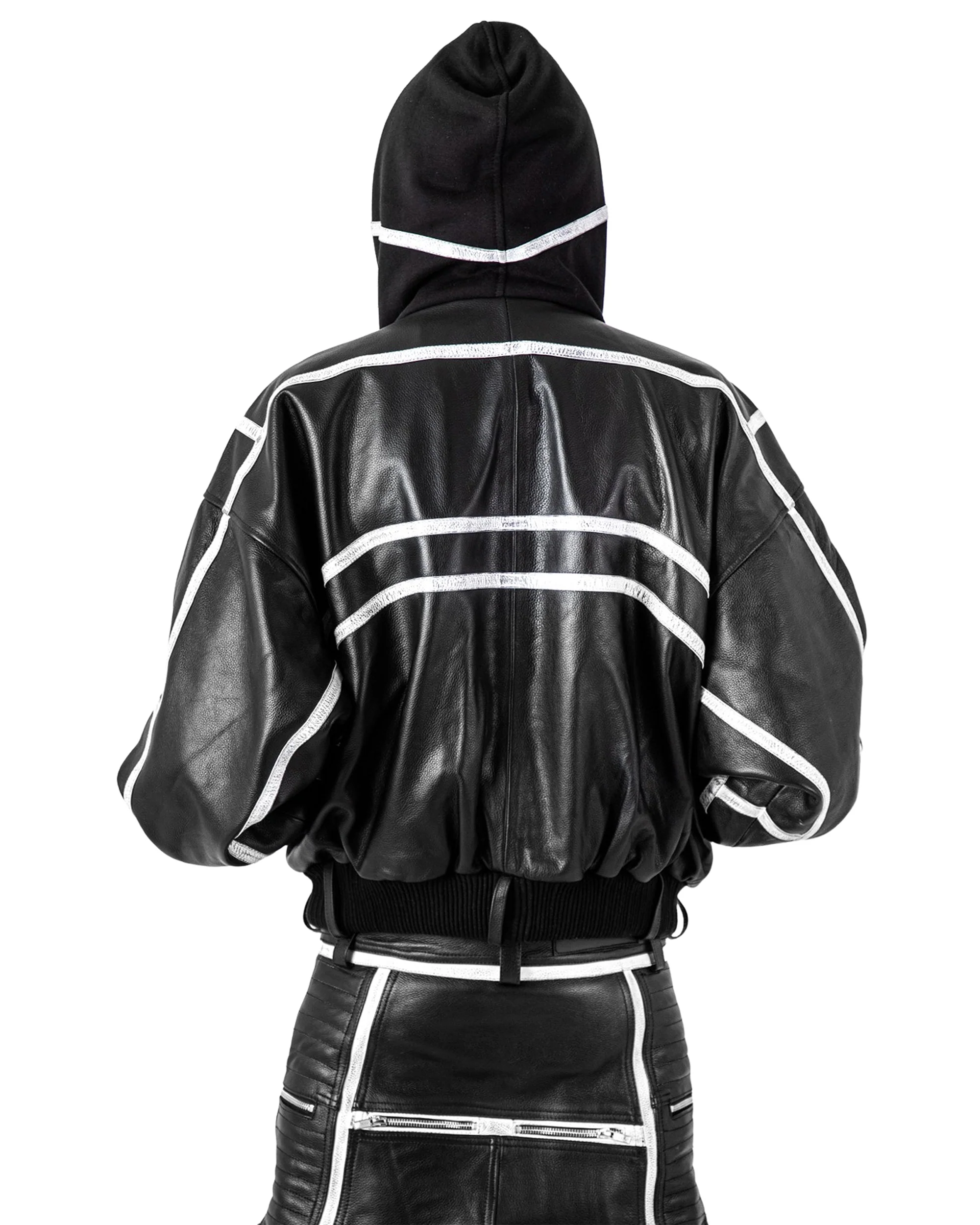 "PRYZM" LEATHER BOMBER - BLACK/WHITE - Image 6