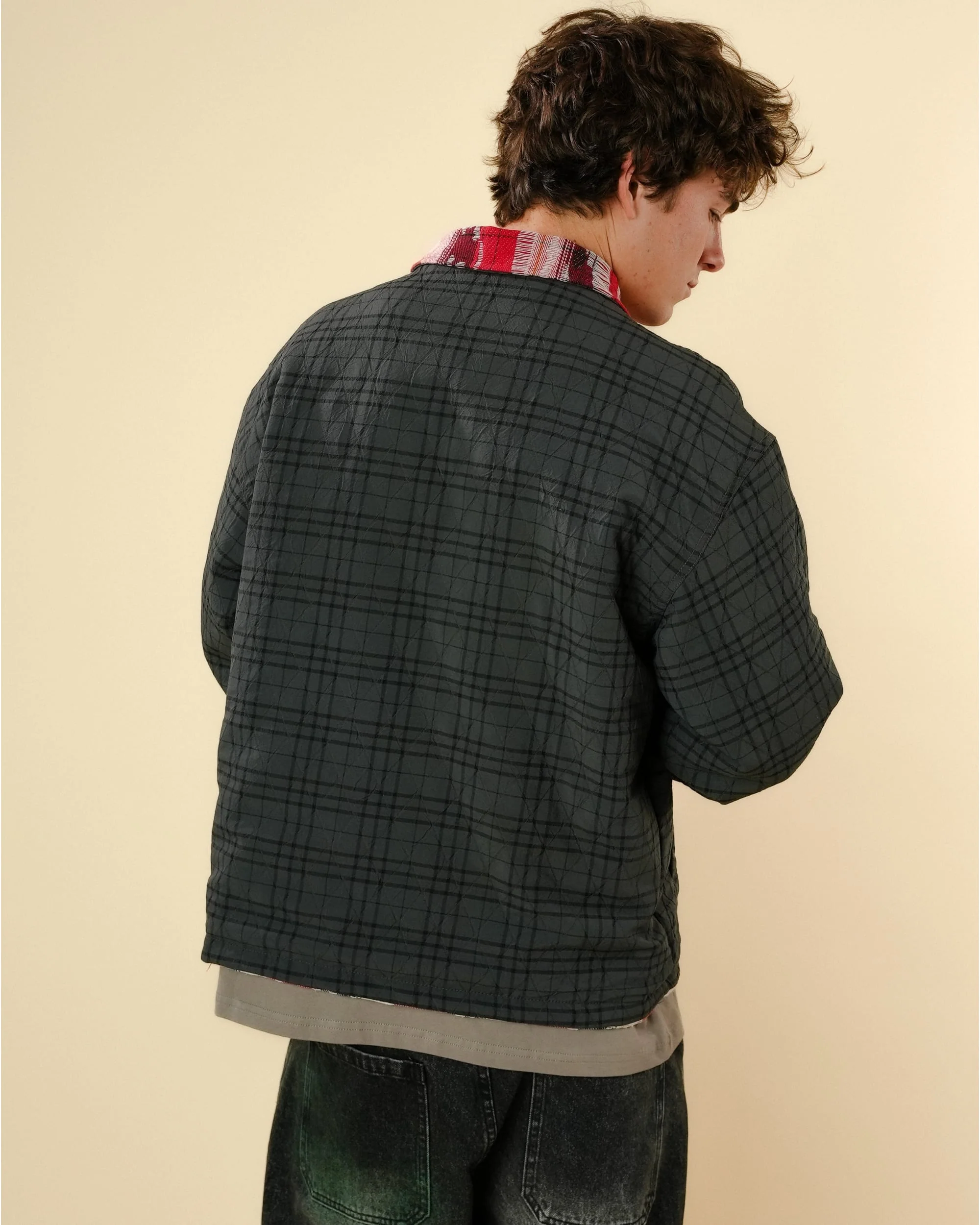 REVERSIBLE QUILTED FLANNEL JACKET - RED/GREY - Image 2