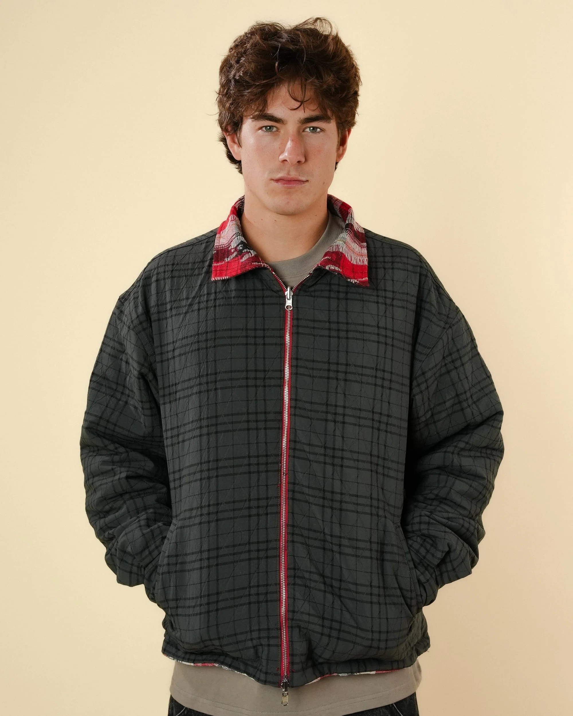 REVERSIBLE QUILTED FLANNEL JACKET - RED/GREY - Image 6