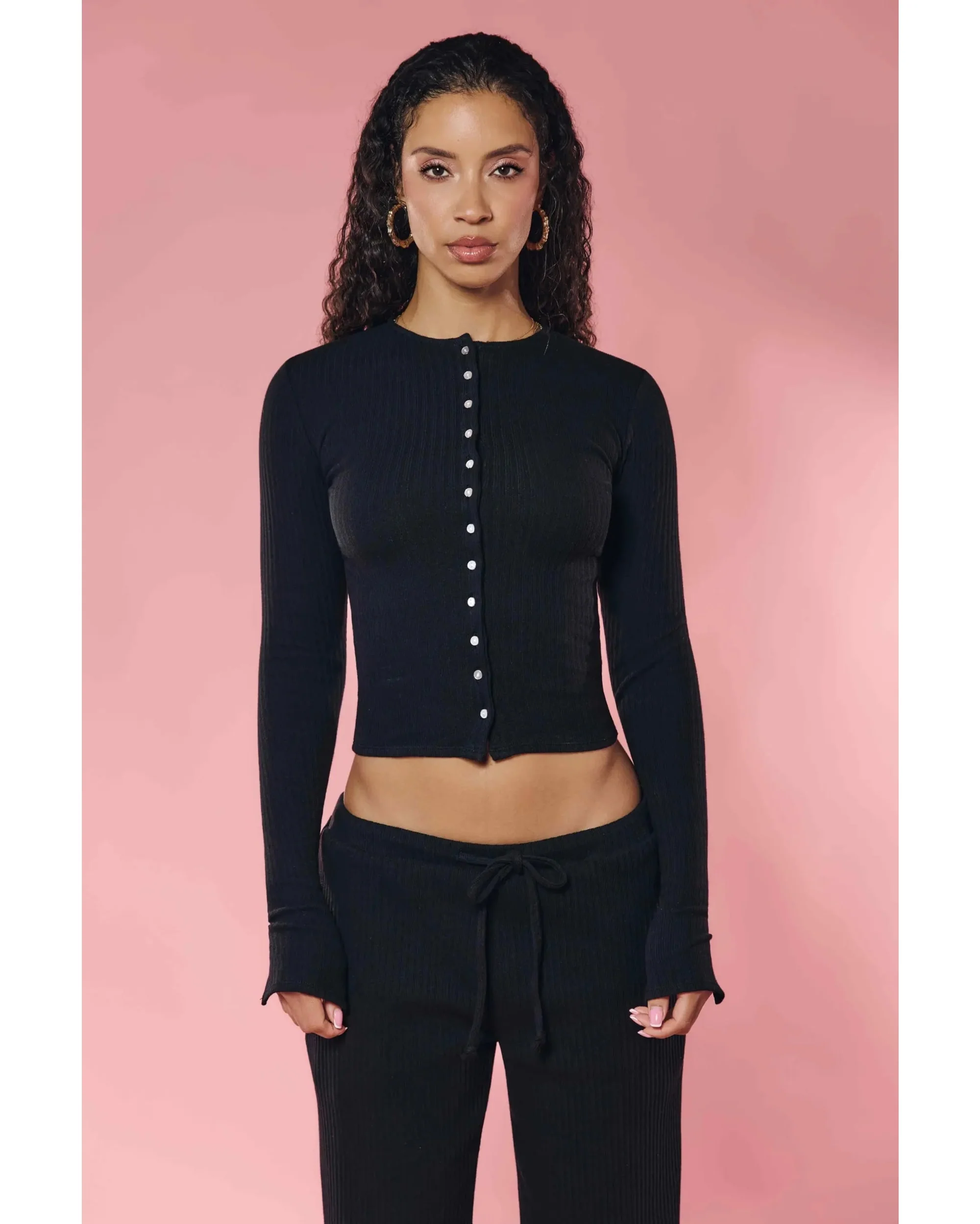 Rib Knit Cardigan Black - Image 4