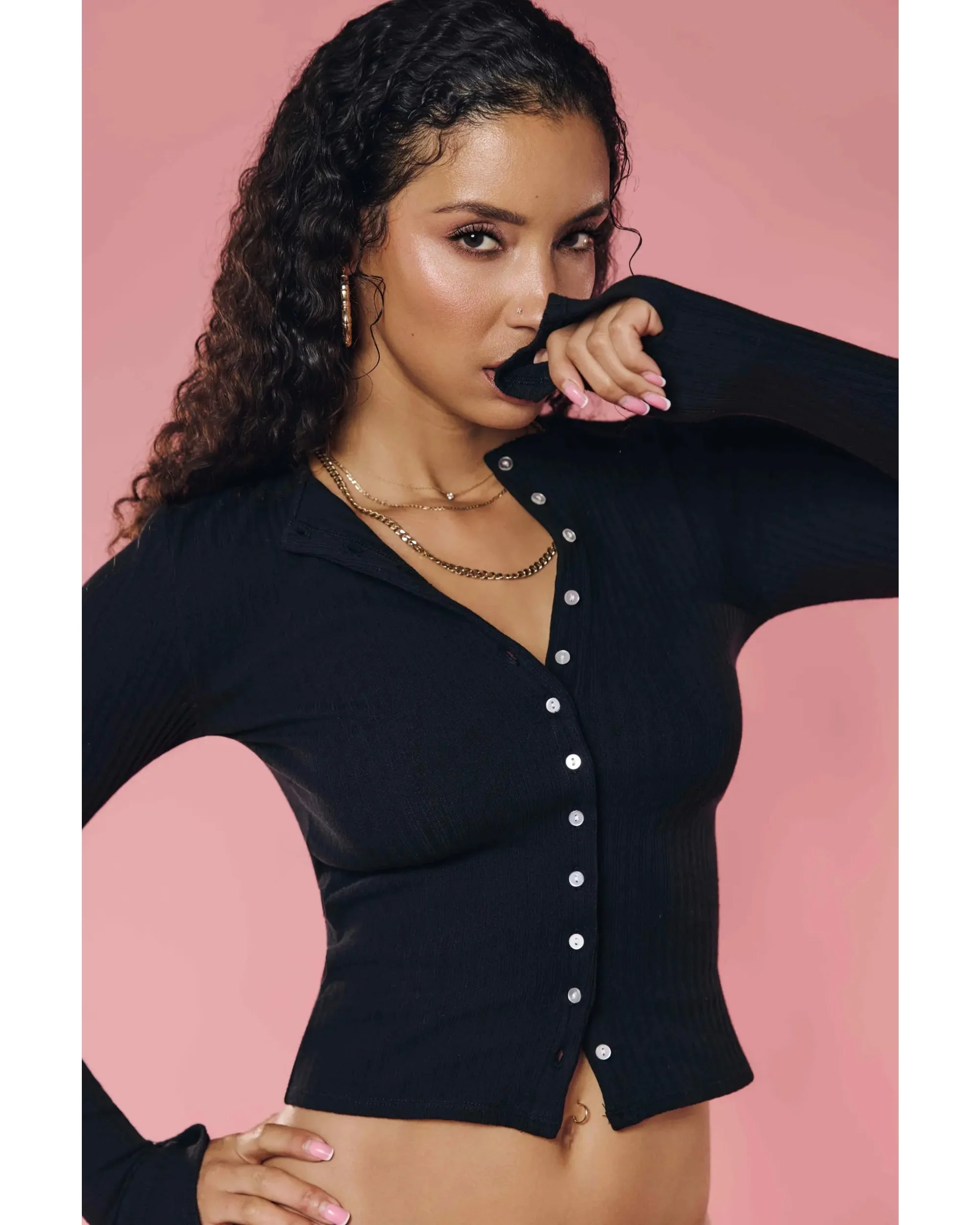 Rib Knit Cardigan Black - Image 6