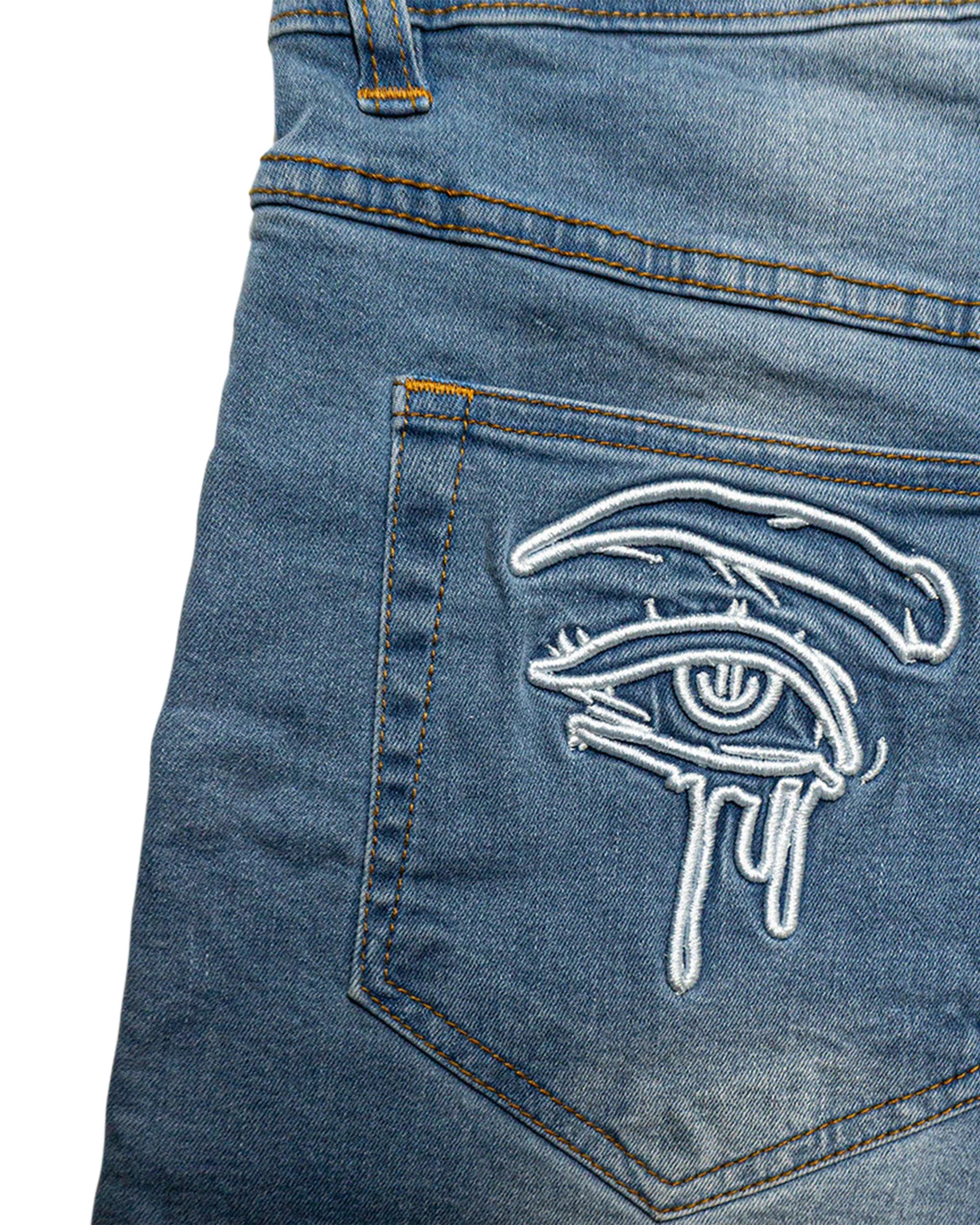 SEA BREEZE BLUE “GRAFFITI BLITZ” LONG STRAIGHT DENIM SHORTS - Image 7