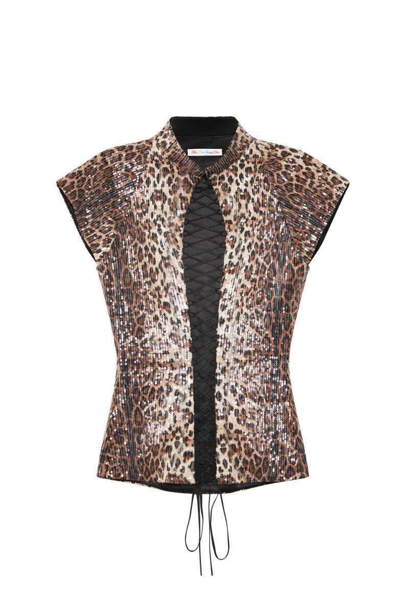 Sequin Leopard Print Lace-Up Qipao - Image 13