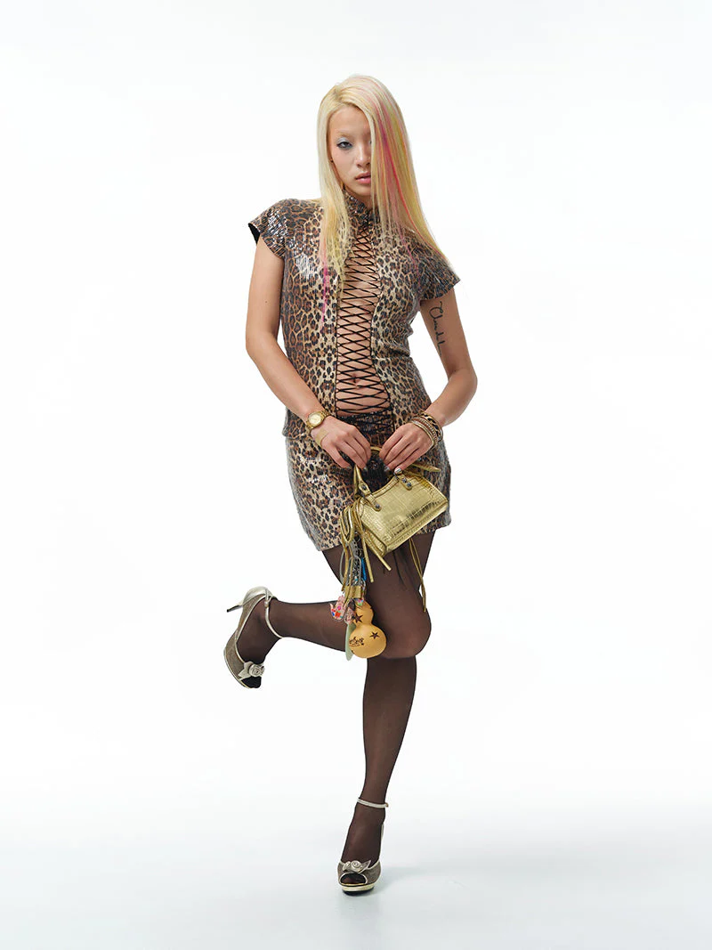 Sequin Leopard Print Lace-Up Qipao - Image 14