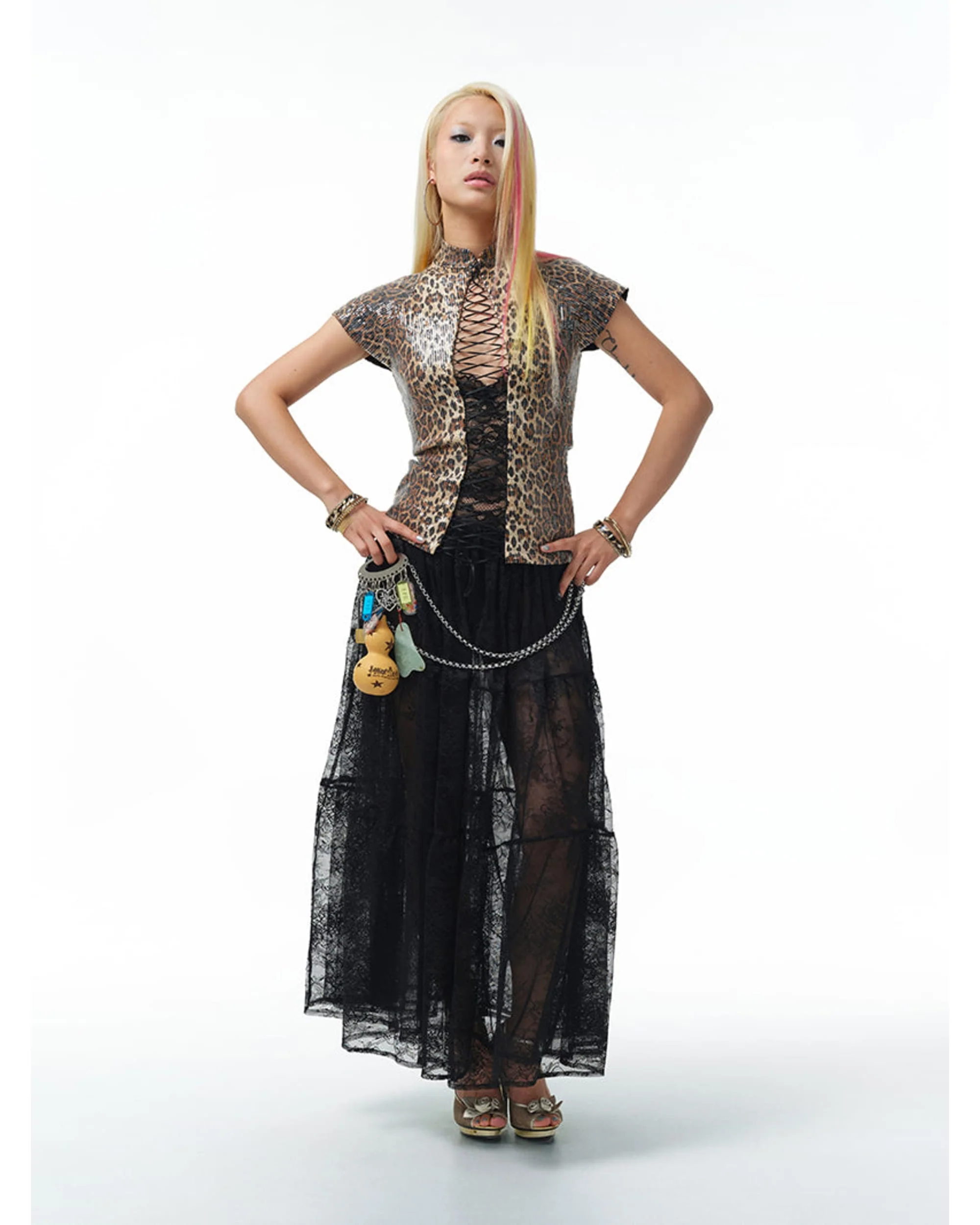 Sequin Leopard Print Lace-Up Qipao - Image 4