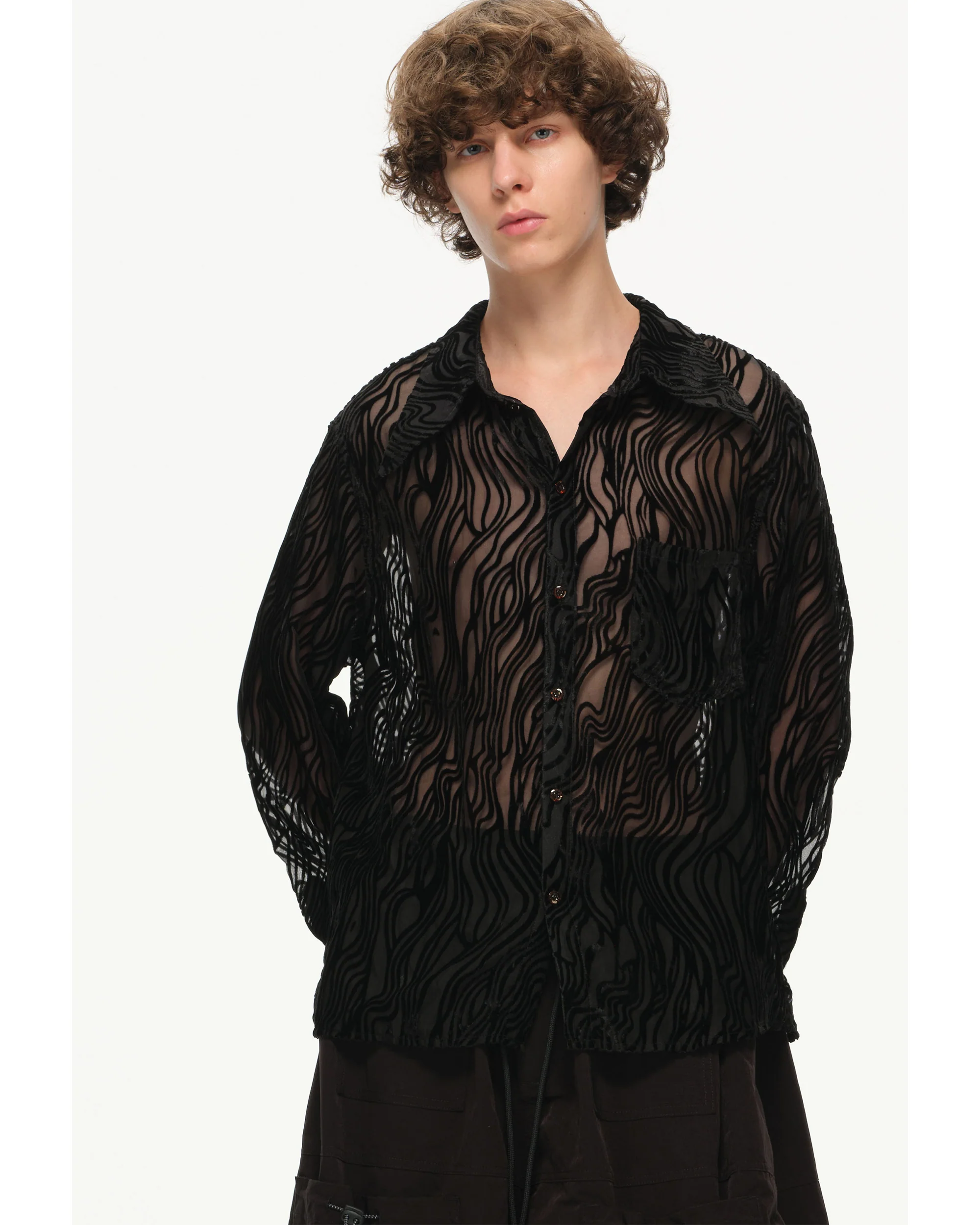 Sheer Wavy Button-Up Shirt - Midnight - Image 3