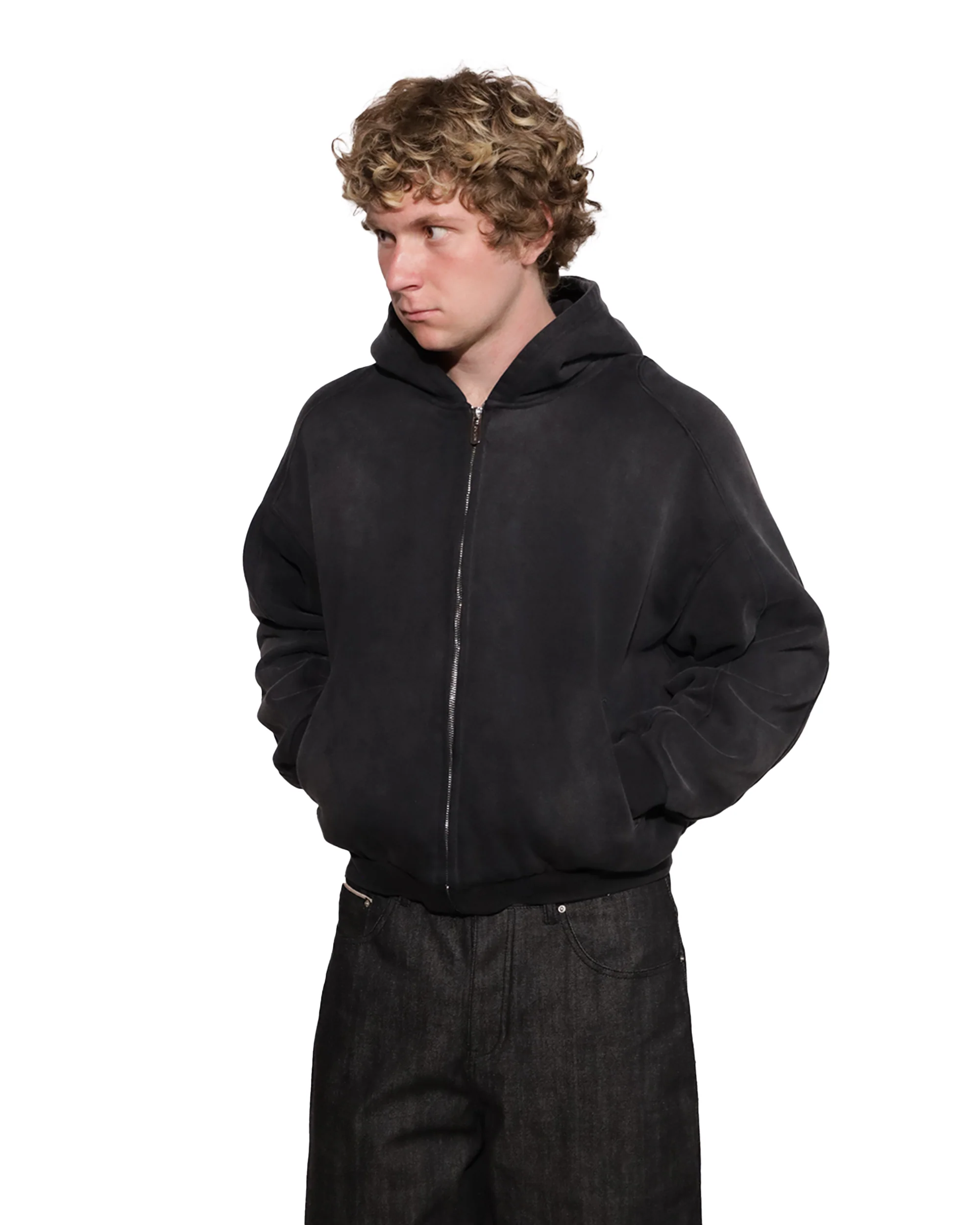 SUNFADED BLACK ZIP UP HOODIE - Image 4