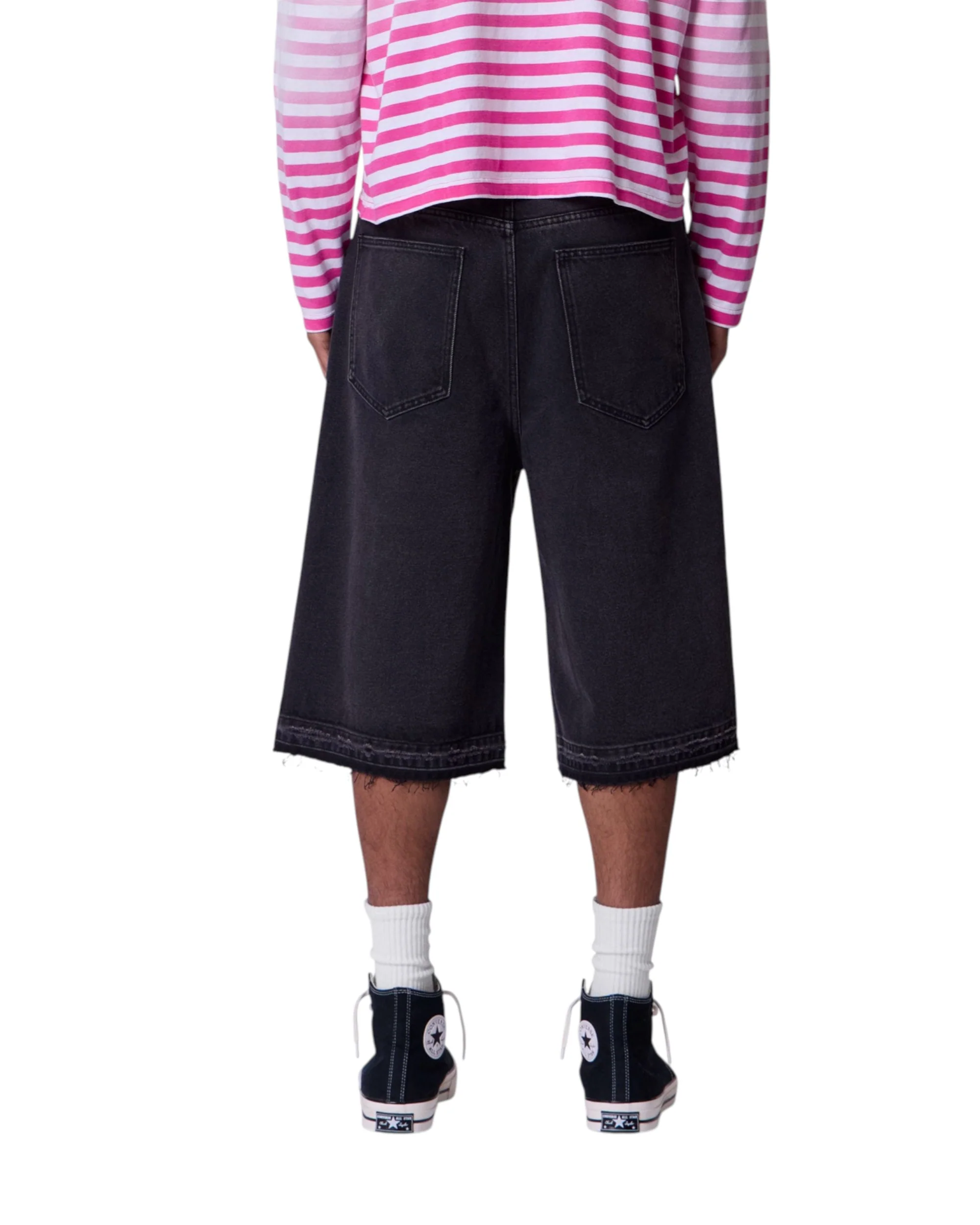 Ultra Baggy Raw Hem Denim Shorts - Washed Black - Image 3