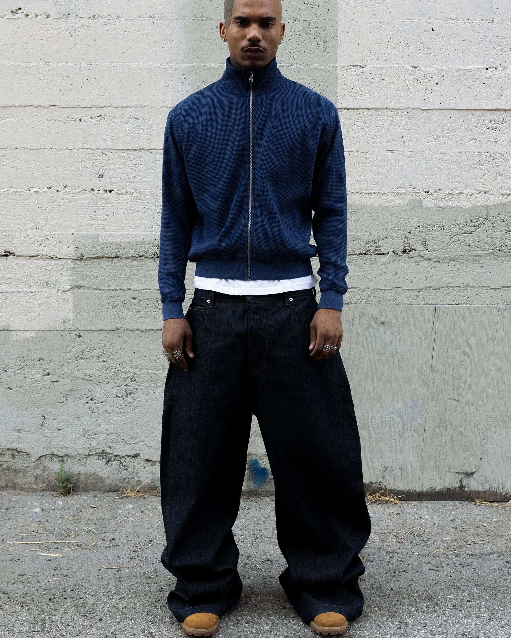 Waffle Zip Up Track Jacket - Vintage Navy - Image 2