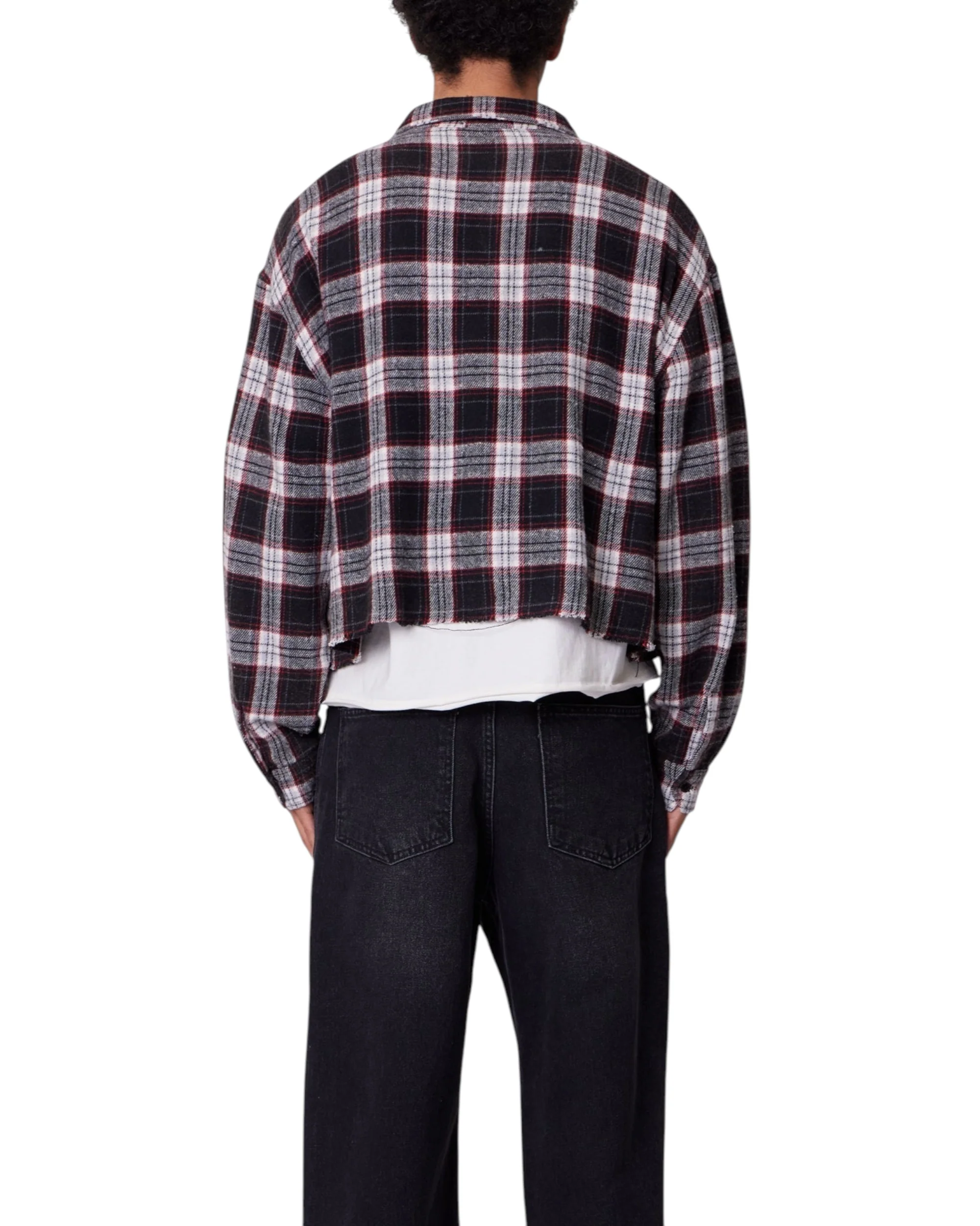 Washed Cropped Flannel Shirt - Black/White - Image 3