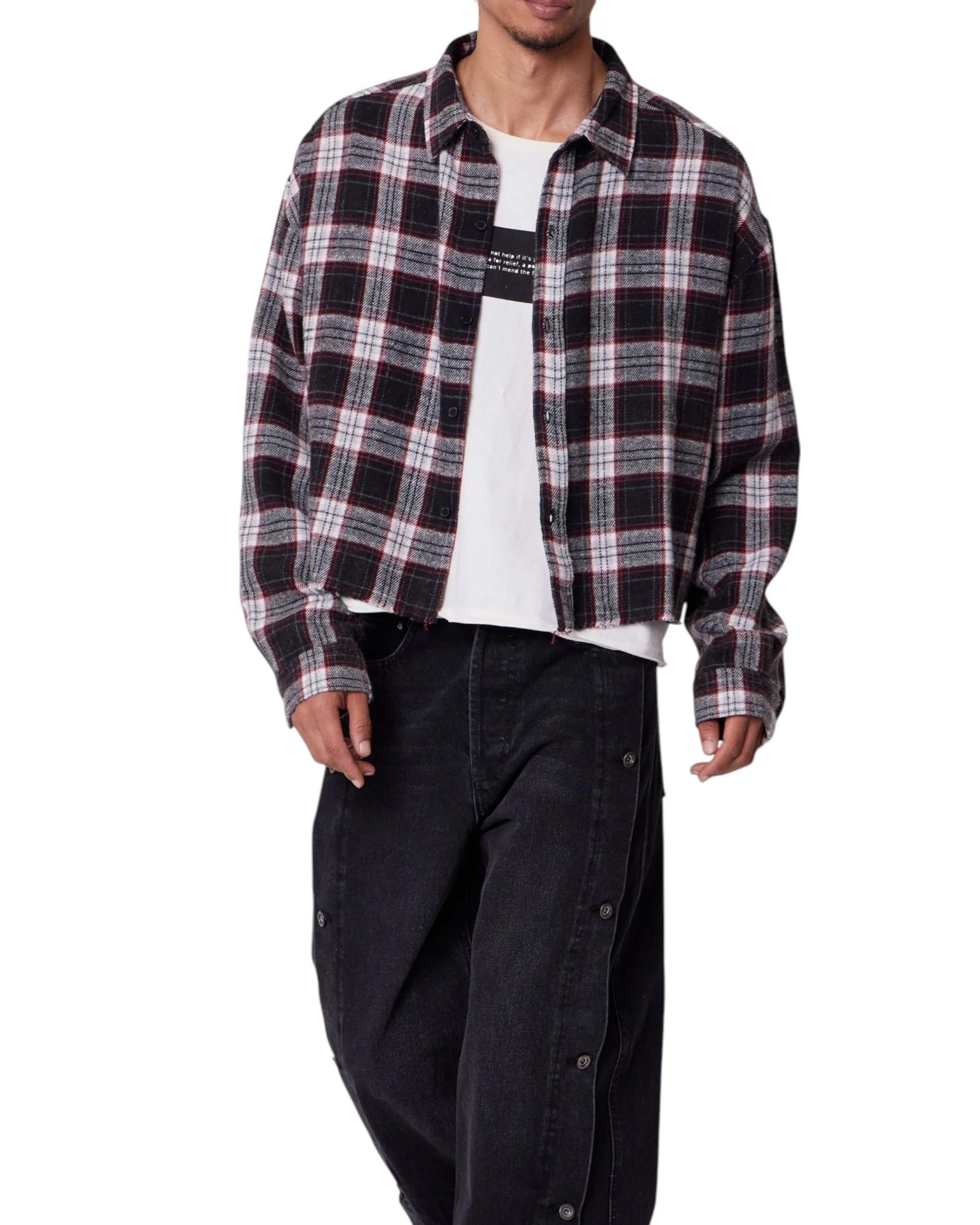 Washed Cropped Flannel Shirt - Black/White - Image 4