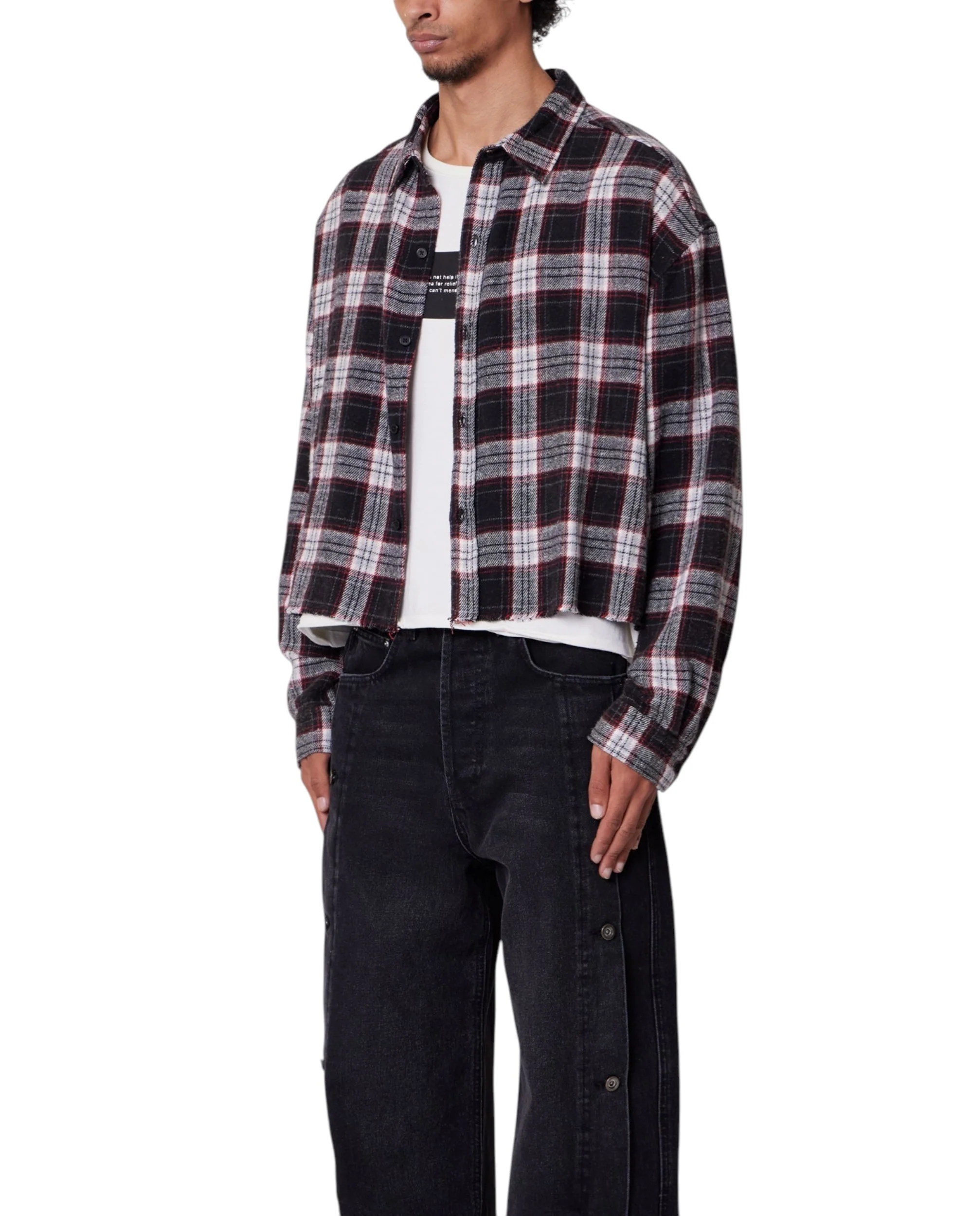 Washed Cropped Flannel Shirt - Black/White - Image 5