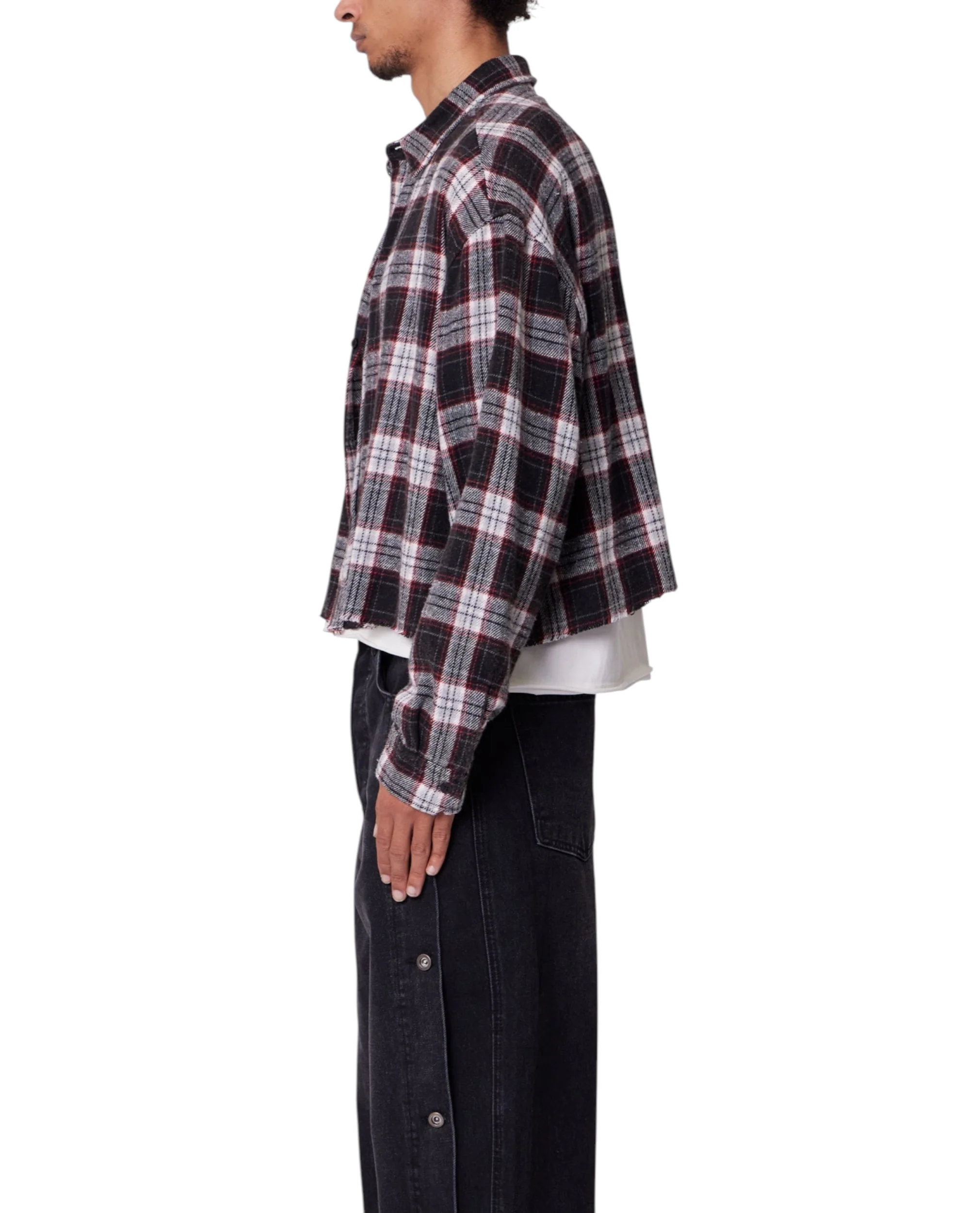 Washed Cropped Flannel Shirt - Black/White - Image 6