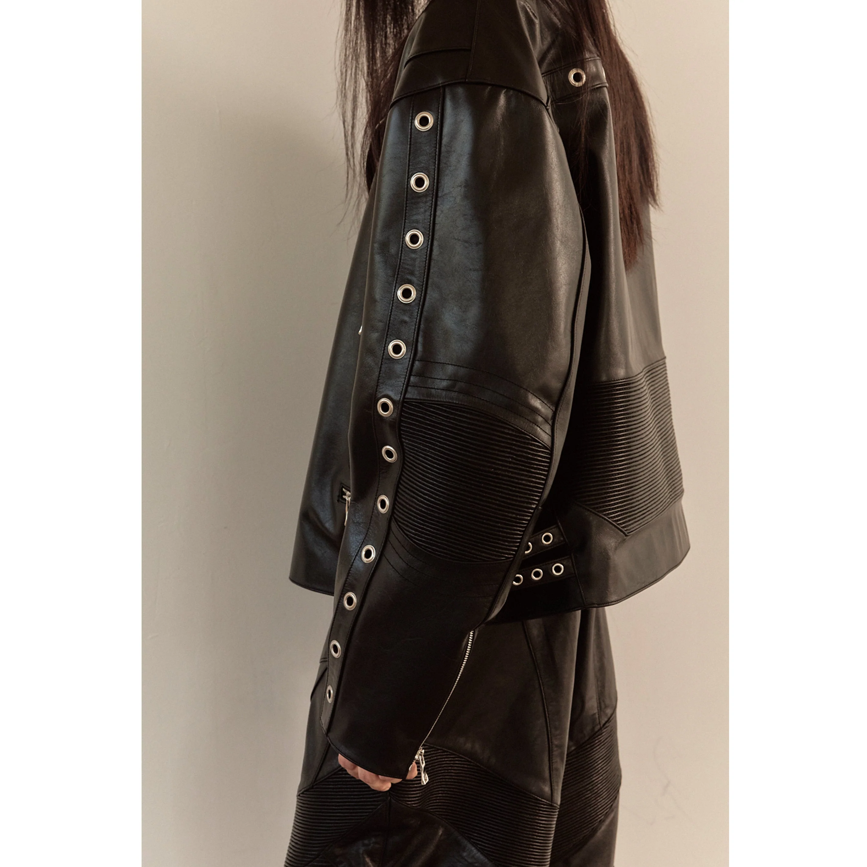 WIDE LEATHER RIDER JACKET / BLACK - Image 44
