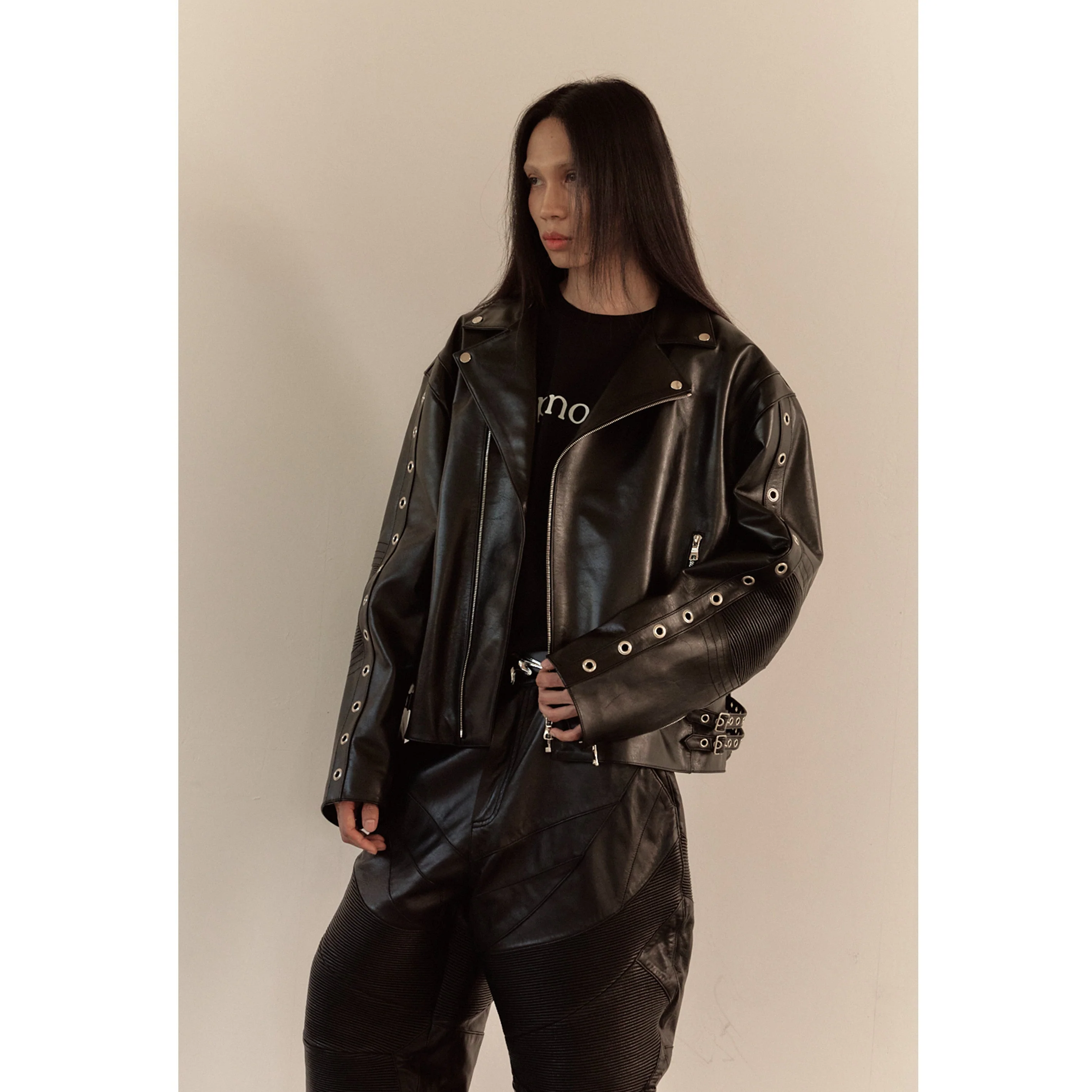 WIDE LEATHER RIDER JACKET / BLACK - Image 45