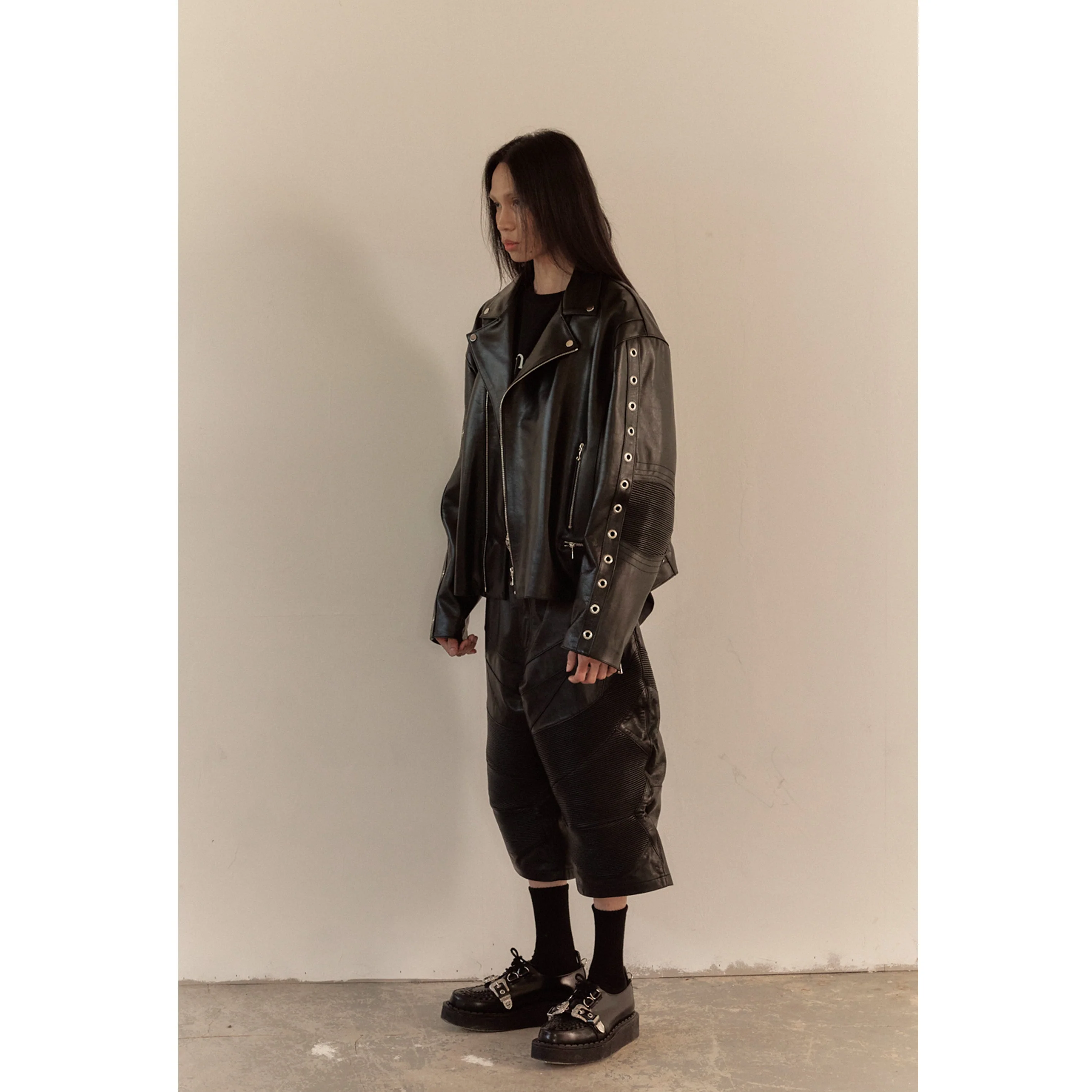 WIDE LEATHER RIDER JACKET / BLACK - Image 64